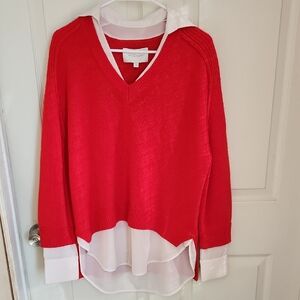 Brochu Walker Red V-Neck Sweater Layered Top with White Shirt Hem